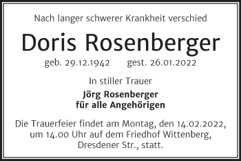 Traueranzeige von Doris Rosenberger von Trauerkombi Wittenberg