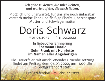 Traueranzeige von Doris Schwarz von Trauerkombi Merseburg
