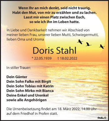 Traueranzeige von Doris Stahl von Trauerkombi Zeitz