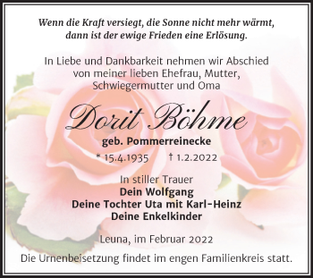 Traueranzeige von Dorit Böhme von Trauerkombi Merseburg