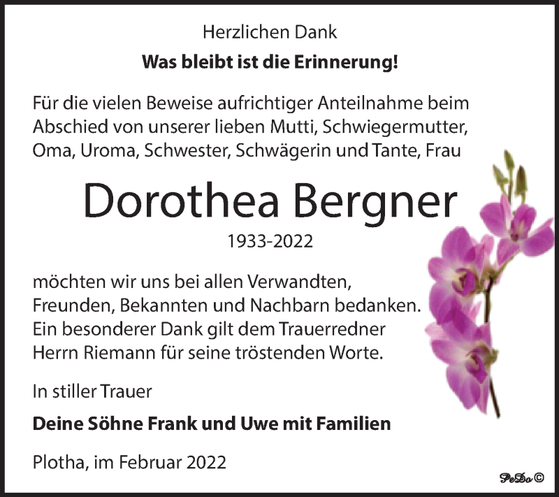  Traueranzeige für Dorothea Bergner vom 26.02.2022 aus Trauerkombi Weißenfels