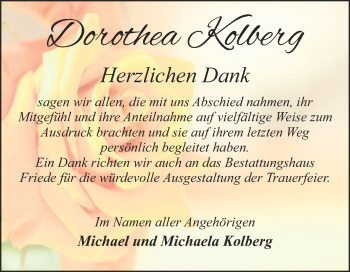Traueranzeige von Dorothea Kolberg von Trauerkombi Dessau