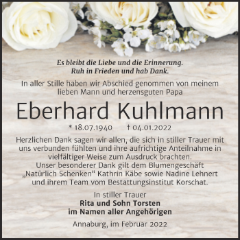 Traueranzeige von Eberhard Kuhlmann von Trauerkombi Wittenberg