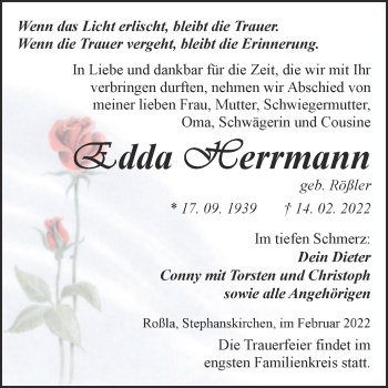 Traueranzeige von Edda Herrmann von Mitteldeutsche Zeitung Sangerhausen