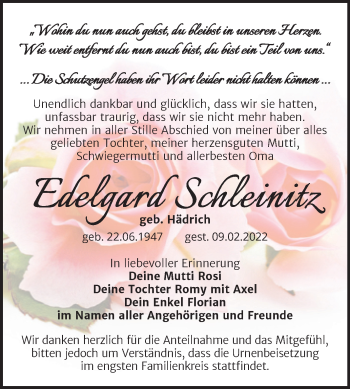 Traueranzeige von Edelgard Schleinitz von Trauerkombi Weißenfels