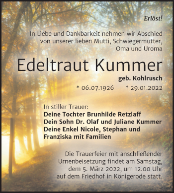 Traueranzeige von Edeltraut Kummer von Trauerkombi Quedlinburg