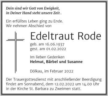 Traueranzeige von Edeltraut Rode von Trauerkombi Merseburg