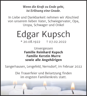 Traueranzeige von Edgar Kupsch von Trauerkombi Sangerhausen