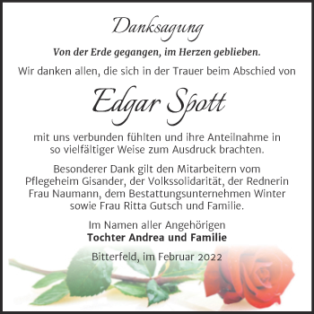 Traueranzeige von Edgar Spott von Trauerkombi Bitterfeld