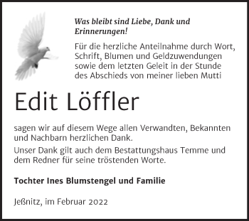 Traueranzeige von Edit Löffler von Trauerkombi Bitterfeld
