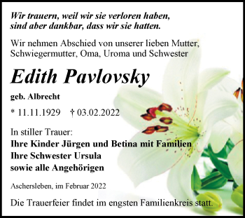 Traueranzeige von Edith Pavlovsky von Trauerkombi Aschersleben