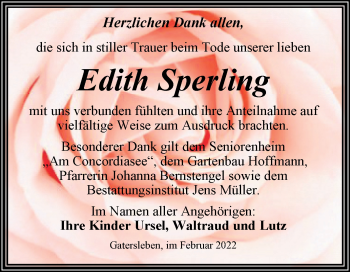 Traueranzeige von Edith Sperling von Trauerkombi Aschersleben
