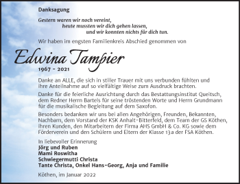 Traueranzeige von Edwina Tampier von Trauerkombi Köthen