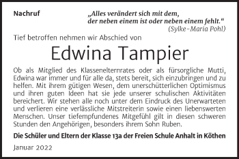 Traueranzeige von Edwina Tampier von Trauerkombi Köthen