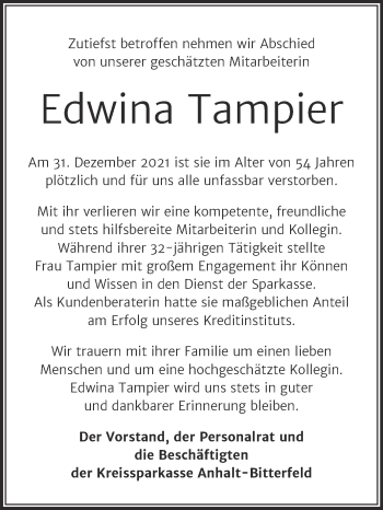 Traueranzeige von Edwina Tampier von Mitteldeutsche Zeitung Köthen