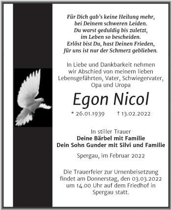 Traueranzeige von Egon Nicol von Trauerkombi Merseburg