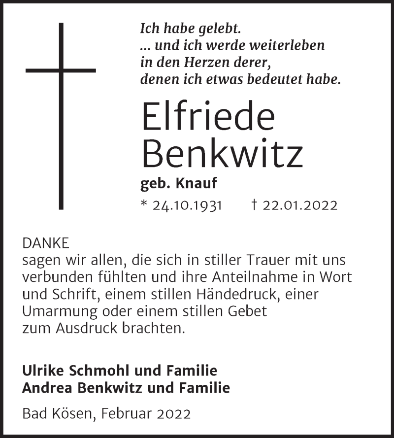  Traueranzeige für Elfriede Benkwitz vom 12.02.2022 aus Naumburger Tageblatt