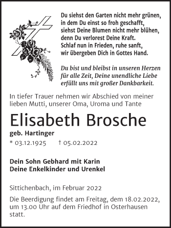 Traueranzeige von Elisabeth Brosche von Trauerkombi Mansfelder Land