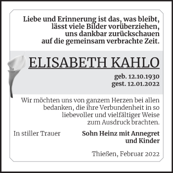 Traueranzeige von Elisabeth Kahlo von Trauerkombi Wittenberg