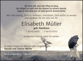 Traueranzeige von Elisabeth Müller von Mitteldeutsche Zeitung Bernburg