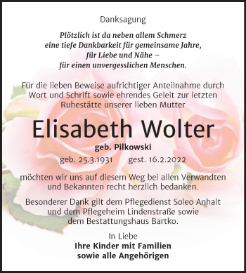 Traueranzeige von Elisabeth Wolter von Trauerkombi Köthen