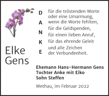 Traueranzeige von Elke Gens von Wochenspiegel Naumburg/Nebra