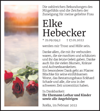 Traueranzeige von Elke Hebecker von Trauerkombi Sangerhausen