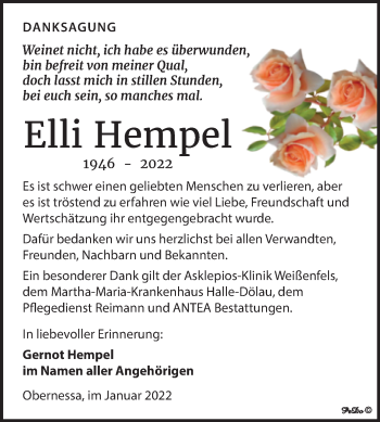 Traueranzeige von Elli Hempel von Trauerkombi Weißenfels