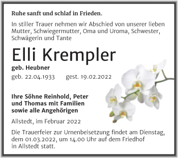 Traueranzeige von Elli Krempler von Trauerkombi Sangerhausen