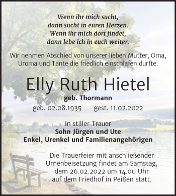 Traueranzeige von Elly Ruth Hietel von Mitteldeutsche Zeitung Halle/Saalkreis
