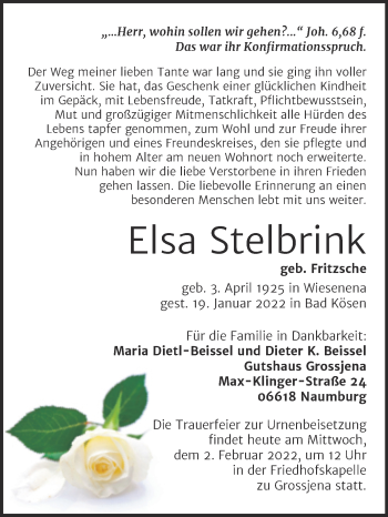 Traueranzeige von Elsa Stelbrink von Wochenspiegel Naumburg/Nebra
