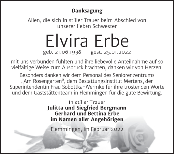 Traueranzeige von Elvira Erbe von Naumburger Tageblatt