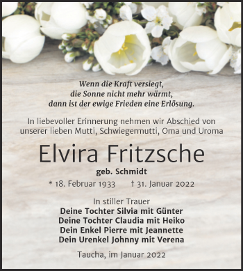 Traueranzeige von Elvira Fritzsche von Trauerkombi Weißenfels