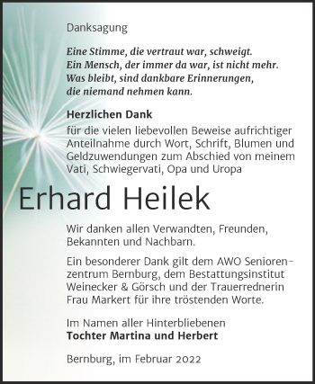 Traueranzeige von Erhard Heilek von Trauerkombi Bernburg