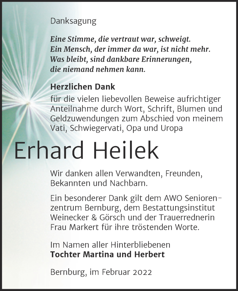  Traueranzeige für Erhard Heilek vom 12.02.2022 aus Trauerkombi Bernburg