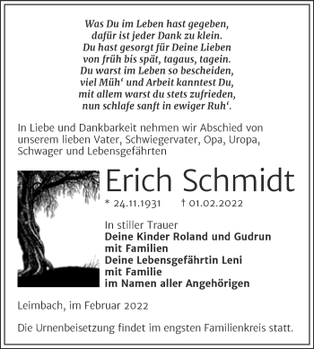 Traueranzeige von Erich Schmidt von Trauerkombi Merseburg