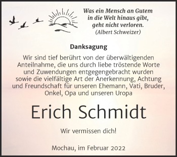 Traueranzeige von Erich Schmidt von Trauerkombi Wittenberg