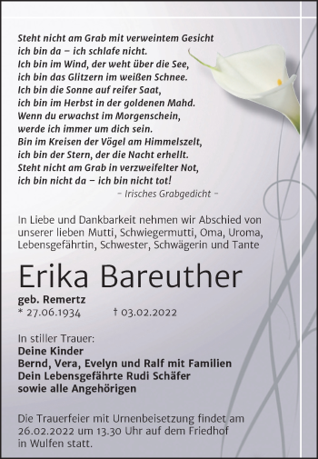 Traueranzeige von Erika Bareuther von Trauerkombi Köthen