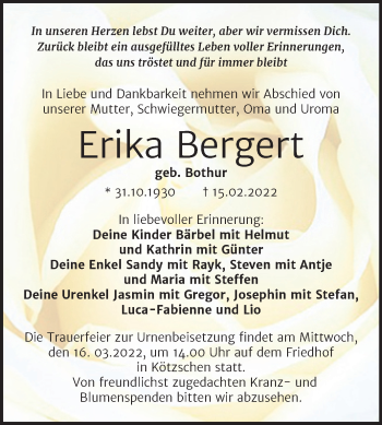 Traueranzeige von Erika Bergert von Trauerkombi Merseburg