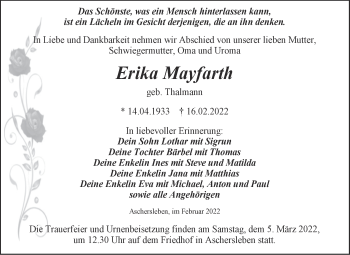 Traueranzeige von Erika Mayfarth von Trauerkombi Aschersleben