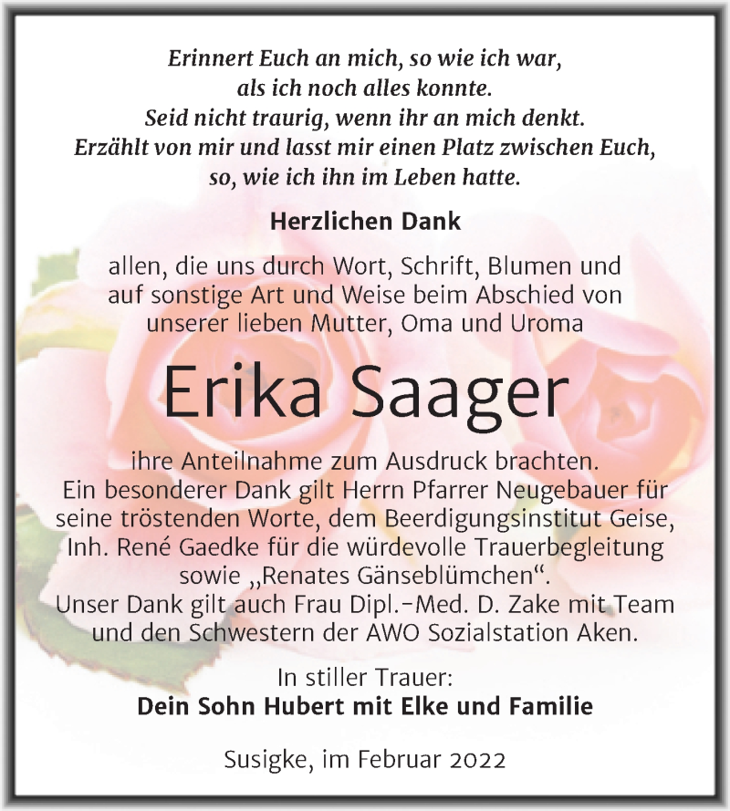  Traueranzeige für Erika Saager vom 03.02.2022 aus Trauerkombi Köthen