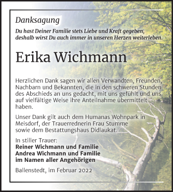 Traueranzeige von Erika Wichmann von Trauerkombi Quedlinburg