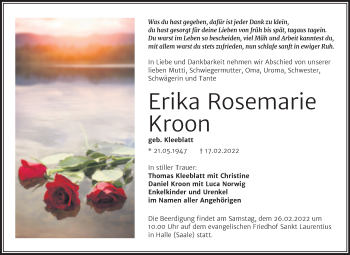 Traueranzeige von Erika Rosemarie Kroon von Trauerkombi Bernburg