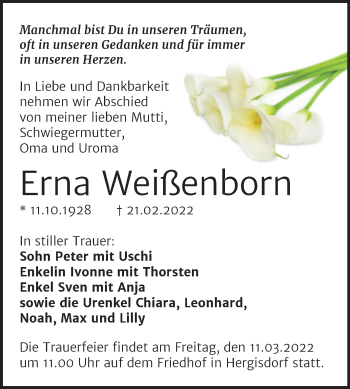 Traueranzeige von Erna Weißenborn von Trauerkombi Mansfelder Land