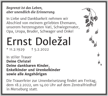 Traueranzeige von Ernst Dolezal von Trauerkombi Merseburg
