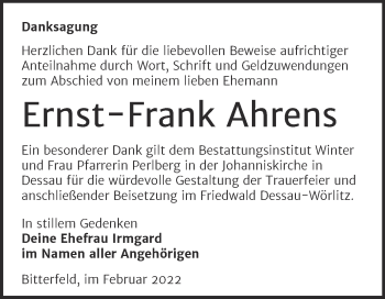 Traueranzeige von Ernst-Frank Ahrens von Trauerkombi Bitterfeld