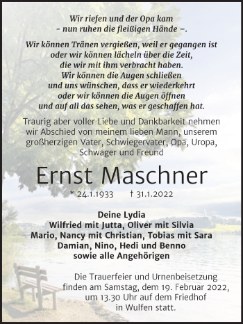 Traueranzeige von Ernst Maschner von Trauerkombi Köthen