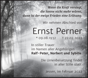Traueranzeige von Ernst Perner von Trauerkombi Wittenberg