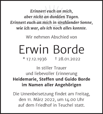 Traueranzeige von Erwin Borde von Trauerkombi Wittenberg