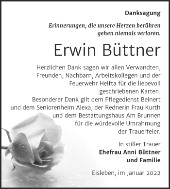 Traueranzeige von Erwin Büttner von Trauerkombi Mansfelder Land